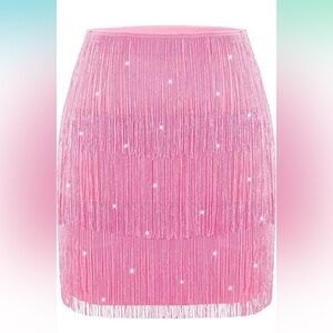 MANER Fringe Skirt Stretchy Sparkly Tassel Mini Skirt Pink Pony Club Swiftie